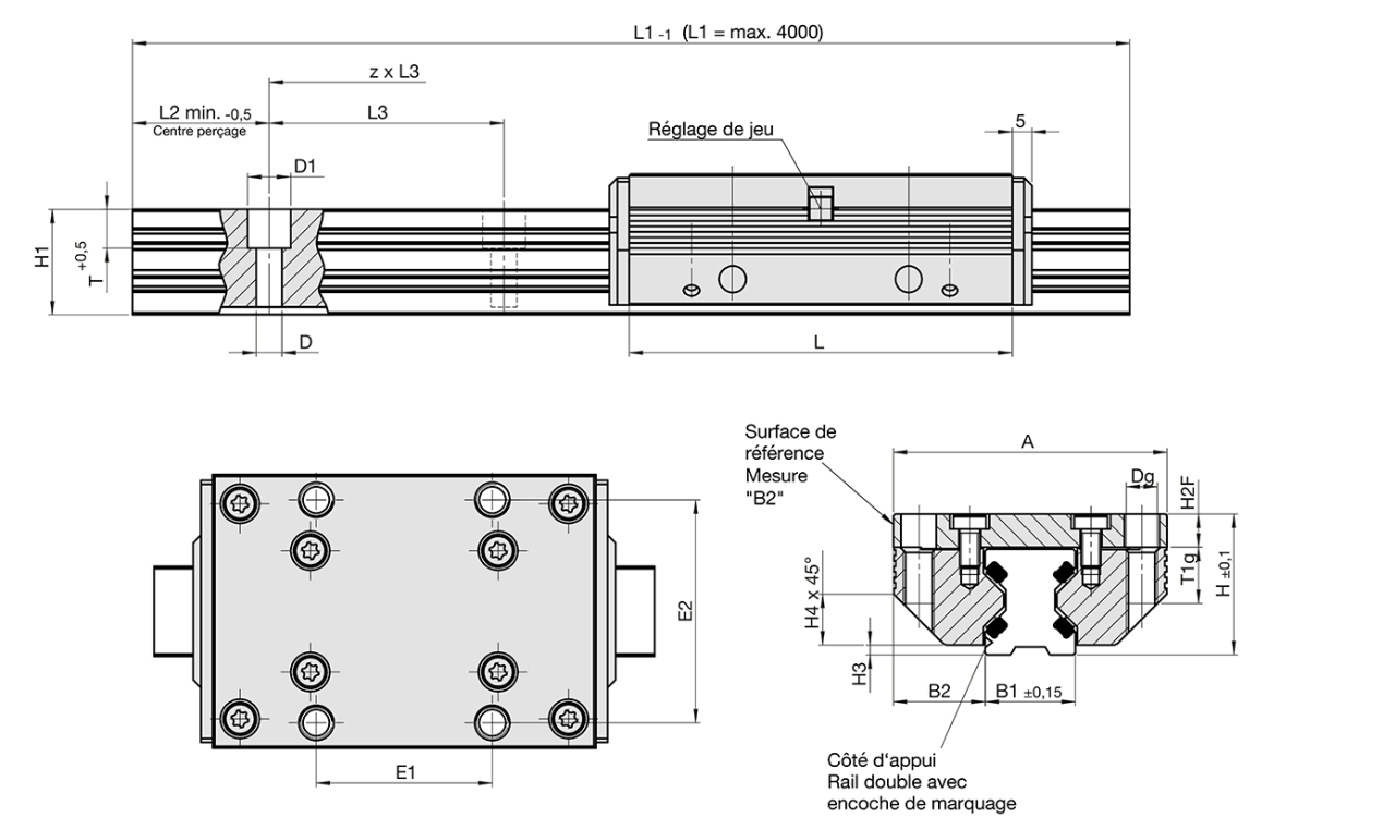 Rail double avec cassette  FDE: Sans lubrifiant